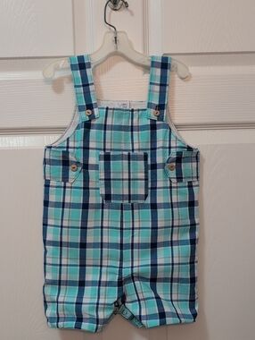 Toddler Plaid Shortall Overalls - Blue ,White,Aqua & Gray Plaid